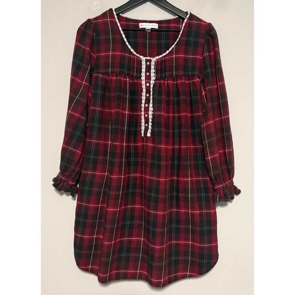 Eileen West Nightgown Small Red Black Plaid Cotton Lace Pintuck Sleepwear